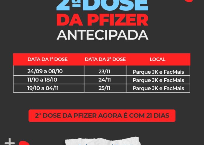 Segunda dose da Pfizer será com intervalo de 21 dias a partir desta terça-feira (23)