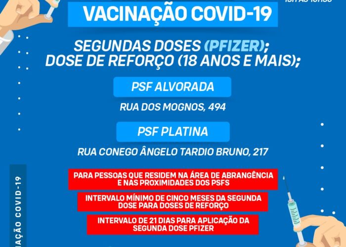 Dia D de vacinação contra a Covid-19 nesta terça (30) será nos PSFs Alvorada e Platina